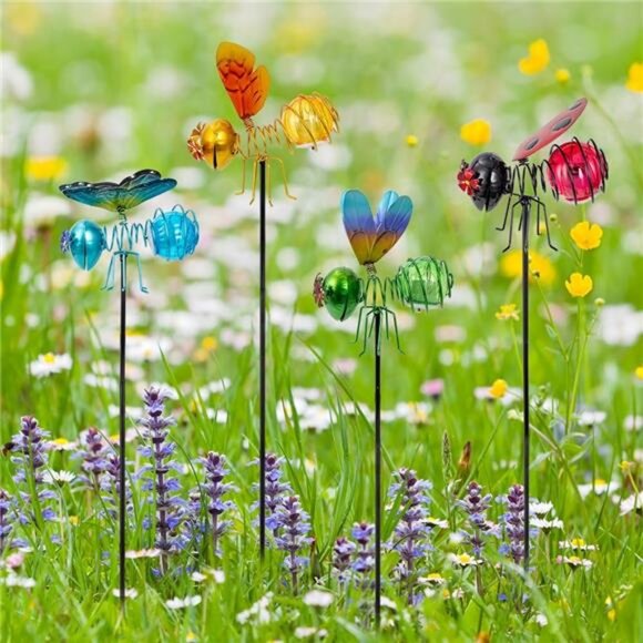 Insects Solar Garden Lights, 22.4" H Butterfly & Bee & Dragonfly & Ladybug - Picture 2 of 7